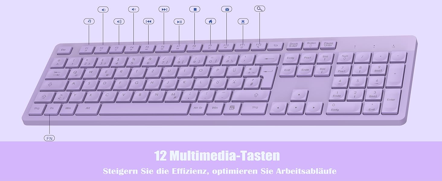Бездротовий комплект клавіатури та миші Leadsail K786 з цифровою клавіатурою QWERTZ (Німецька) - тиха клавіатура, 2.4 GHz, USB Nano приймач для ПК/ноутбука (фіолетовий)