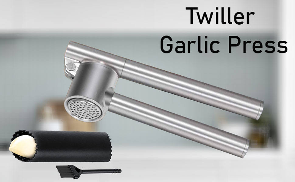 Прес для часнику з нержавіючої сталі, кухонний аксесуар, 18 см, подрібнювач часнику з очищувачем та щіткою, придатний для миття в посудомийній машині, срібний