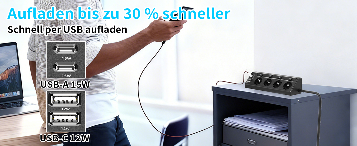 Мережевий адаптер з захистом від перенапруги Eck з USB-C, 6 розеток, 2м кабель (4000W, 16A), розподільний блок для кухні, офісу (4 розетки, чорний)