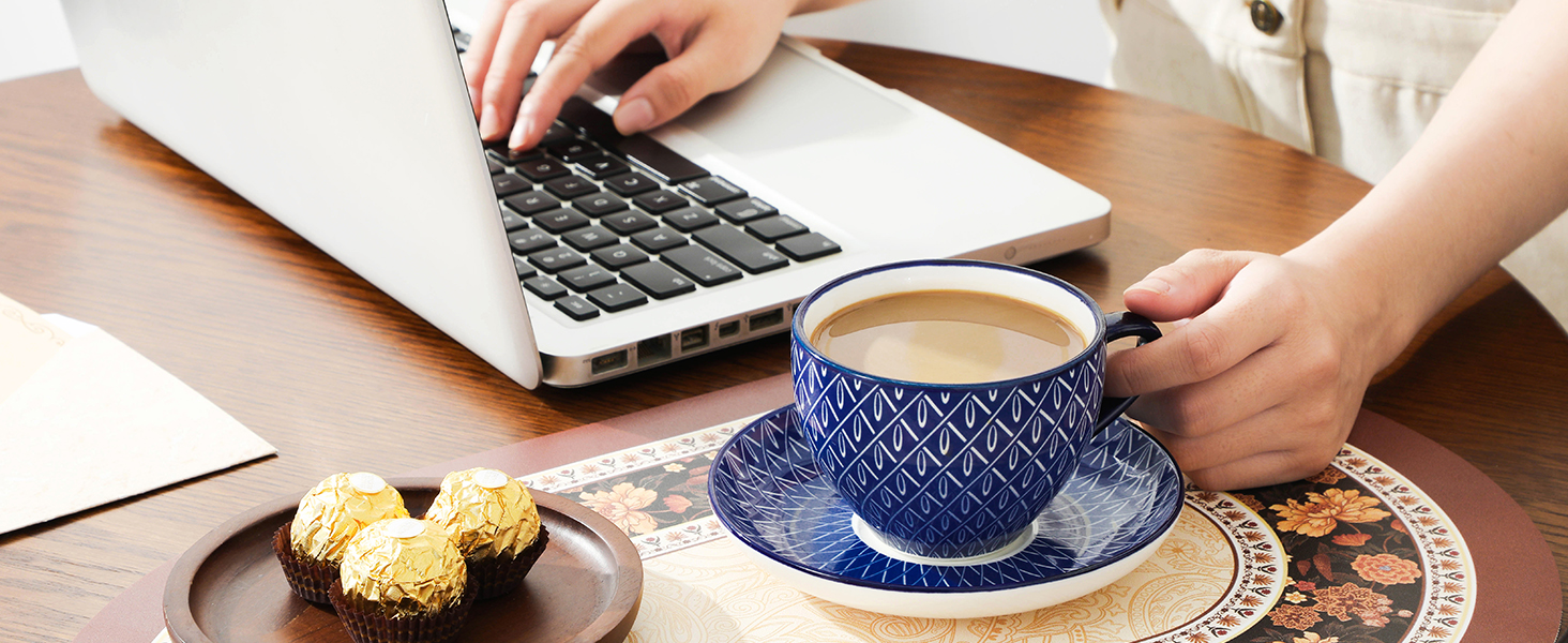 Набір кавових чашок капучіно Vancasso Selene 6 шт., 240 мл, блакитно-білий вінтажний дизайн, високоякісне фарфорове покриття, придатні для миття в посудомийній машині та використання в мікрохвильовій печі