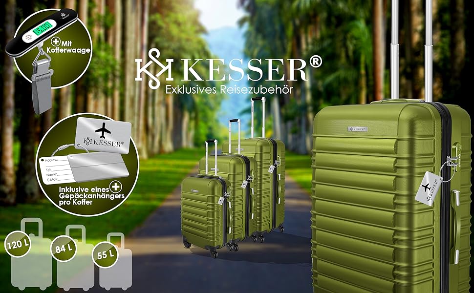 Набір валіз KESSER 3 шт. з ABS-пластику, жорсткий корпус, 4 колеса, з замком і телескопічною ручкою, M-L-XL, для подорожей, колір хакі