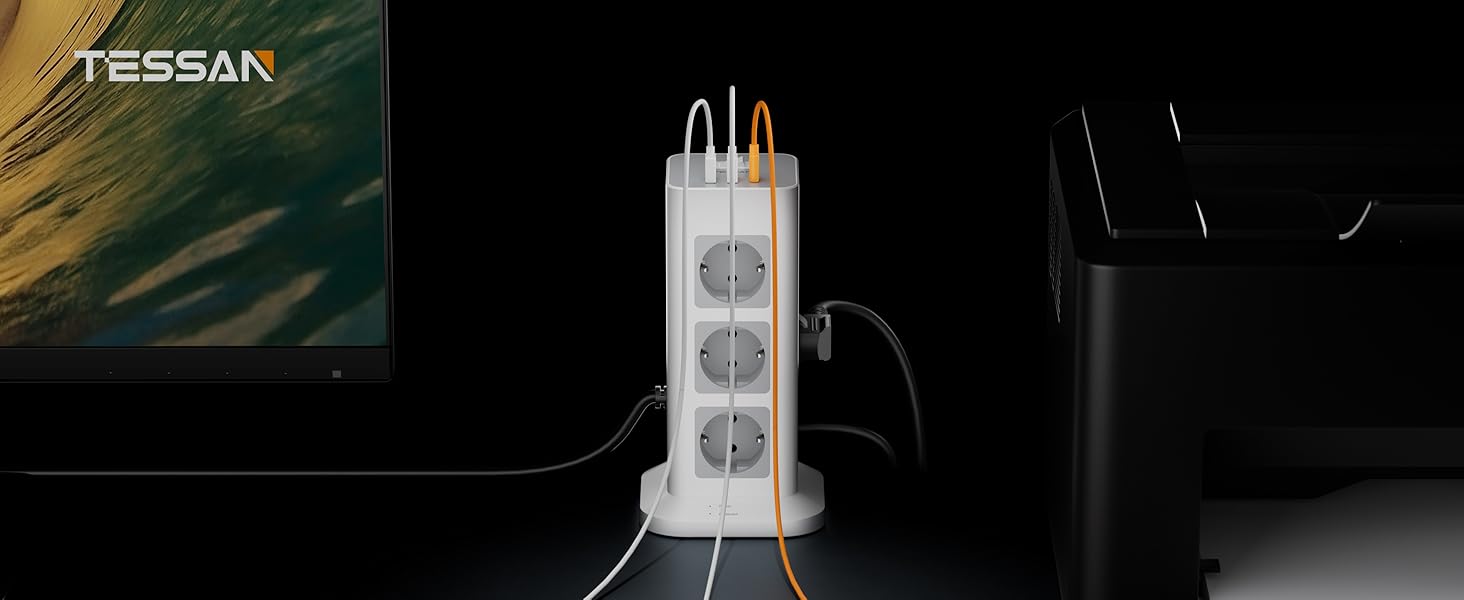 Многорозеткова смуга TESSAN із захистом від перенапруги, 3600W, 16A, 12 розеток, 2 USB-A, 1 USB-C, кабель 2м, сіра