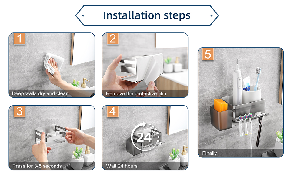 Тримач для електричної зубної щітки зі знімними насадками, нержавіюча сталь, настінний, без свердління