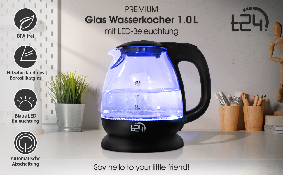 Скляний електрочайник T24 79020 з LED-підсвіткою, 1.7 л, 2200 Вт, захист від випаровування, без BPA