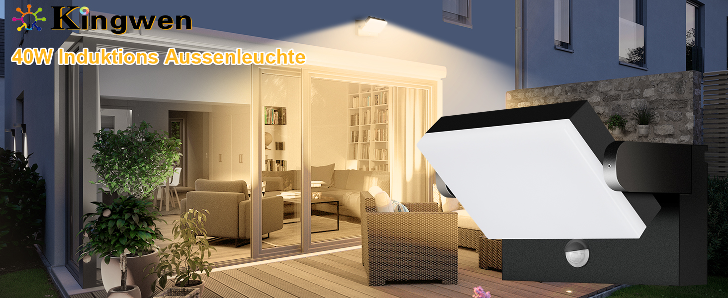 Зовнішня LED-стінна лампа Kingwen 40W, 3000K, поворотна на 360°, IP65, чорна. Підходить для вулиці та приміщення, для гаража, тераси. Тепле біле світло.