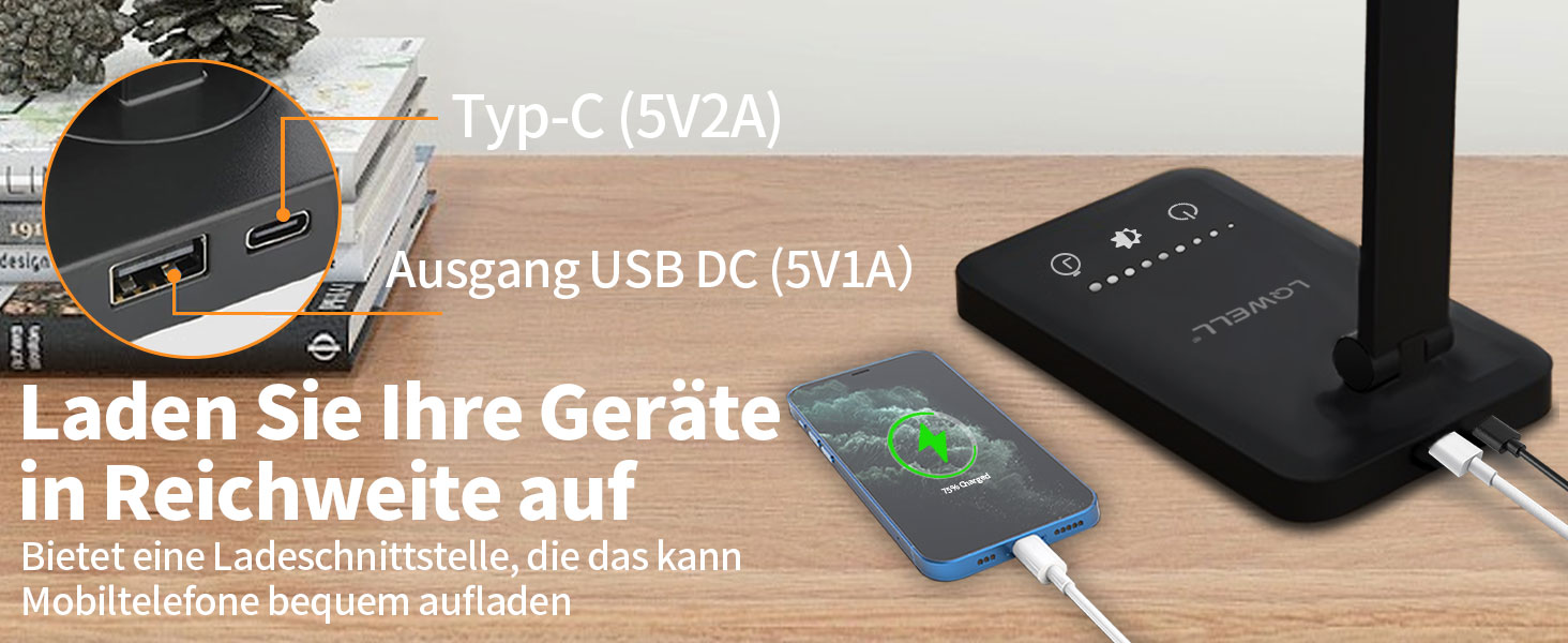 LED лампа настільна LQWELL® з регулюванням яскравості, металева, 5 кольорів, 10 рівнів яскравості, USB-зарядка, сенсорне управління, пам'ять, для дітей, чорна, QM019
