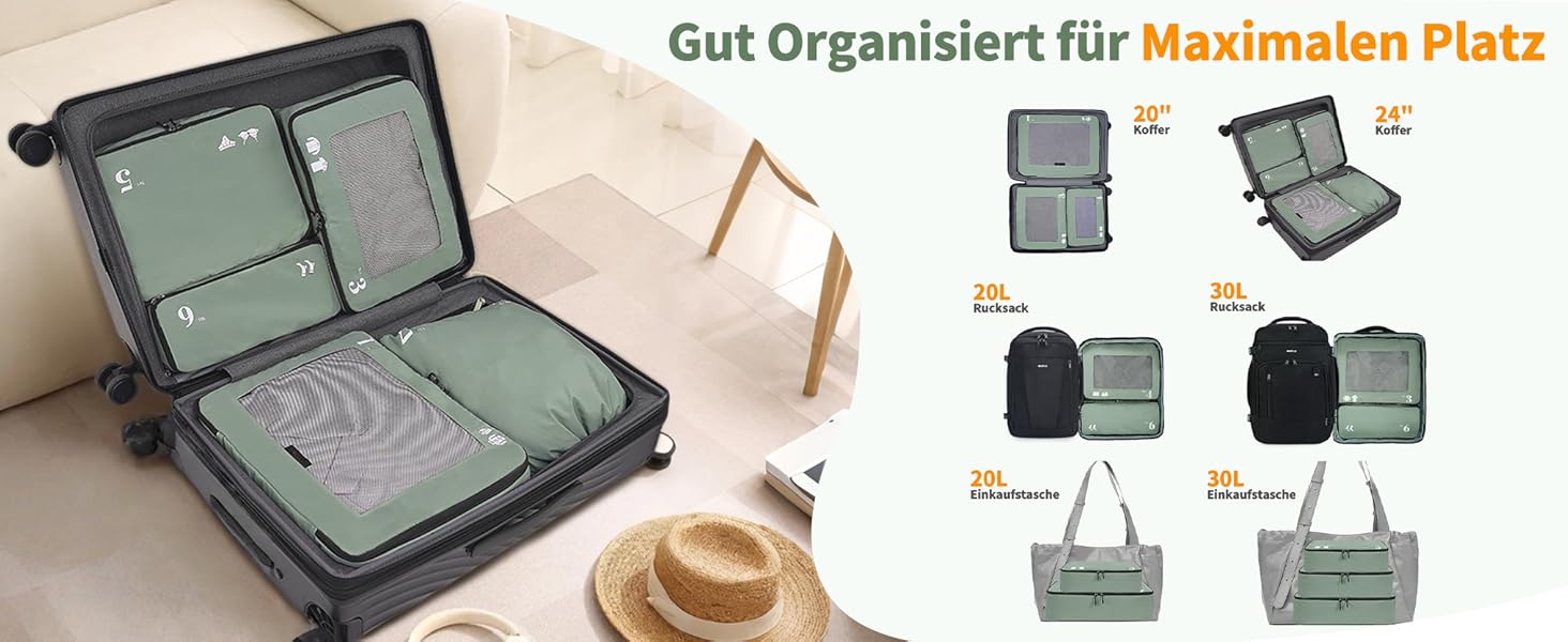 Набір органайзерів для валізи ECOHUB 7 шт., тревел-куби з блискавкою, з переробленого PET, зелений колір