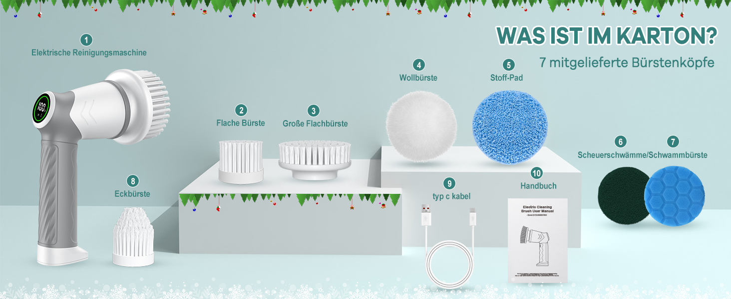 Електрична щітка для прибирання 7 в 1 з регульованою ручкою, змінними насадками, 2 швидкості, для ванни, плитки, IPX7, білий/сірий колір