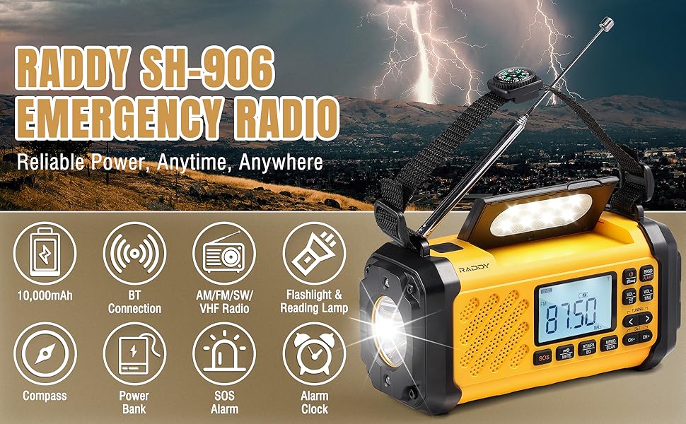 Радіо Raddy SH-906: Аварійне радіо з сонячною панеллю, ручним генератором, AM/FM/SW/VHF, ліхтарик, SOS, компас, зарядка для телефону. Ідеально для виживання на природі