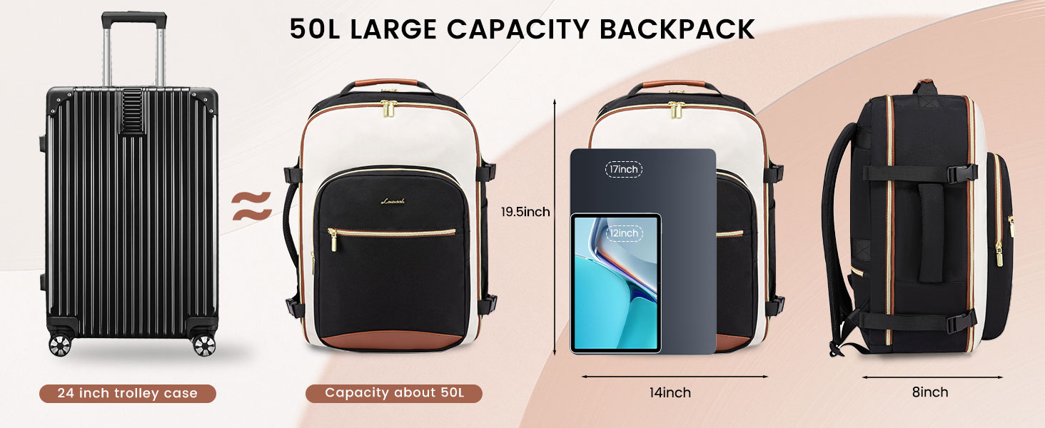 Рюкзак LOVEVOOK для ручної поклажі літака, 40L, водонепроникний, для ноутбука 17 дюймів, для подорожей, школи, роботи, кемпінгу (бежевий+чорний+коричневий)