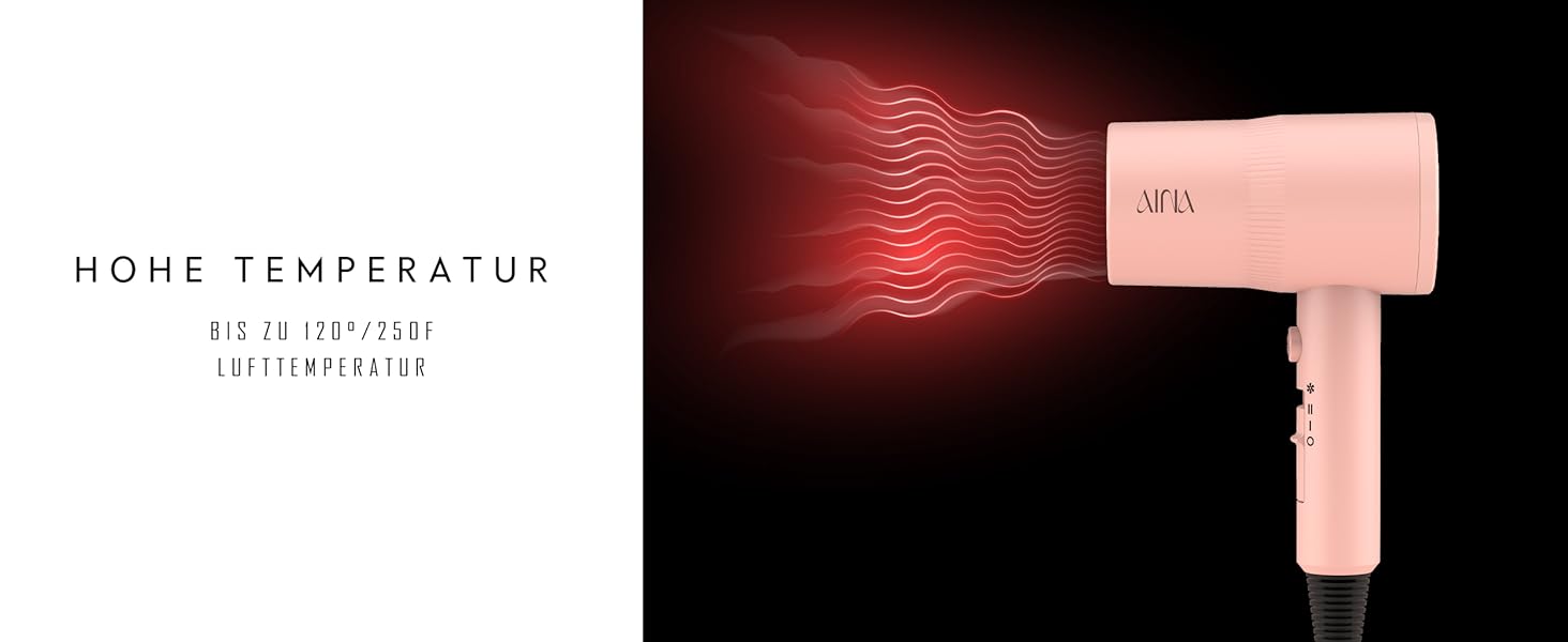 Фен AINA з дифузором для волосся | Іон-технологія, керамічне покриття, холодний струмінь | Швидке сушіння та блиск | 230v~, Baby Rosa