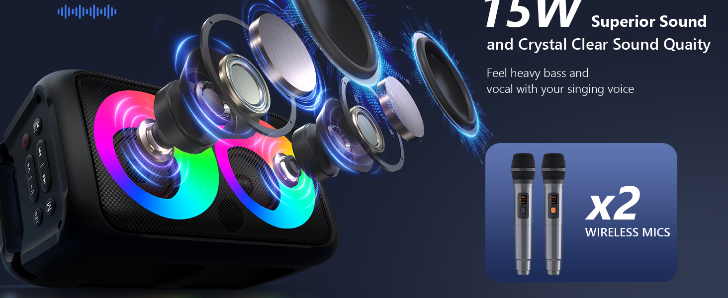 Караоке машина нового покоління 2025 | Система караоке з 2 мікрофонами, Bluetooth, FM, AUX, USB, підтримка TV/Smartphone/iPad | Для вечірок, дня народження, подорожей (Чорний, багатобарвний)