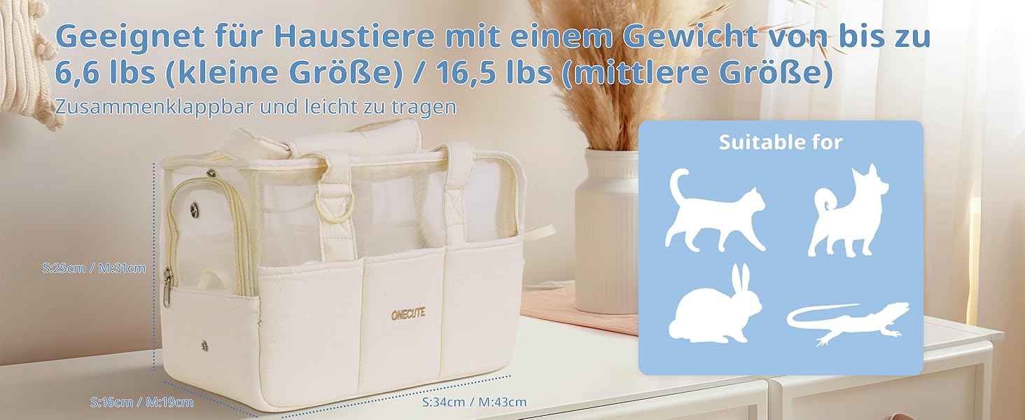 Транспортна сумка для собак, котів та кроликів – складана переноска з безпечним замком, сіткою для вентиляції та бічними кишенями – практична переноска для подорожей (Бежева, 34x16x25 см)