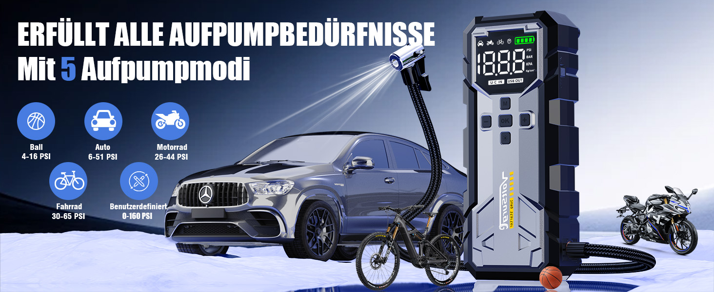 Powerbank Starthilfe 7000A з компресором та LED-ліхтариком: 160PSI, 12V для бензинових та дизельних авто