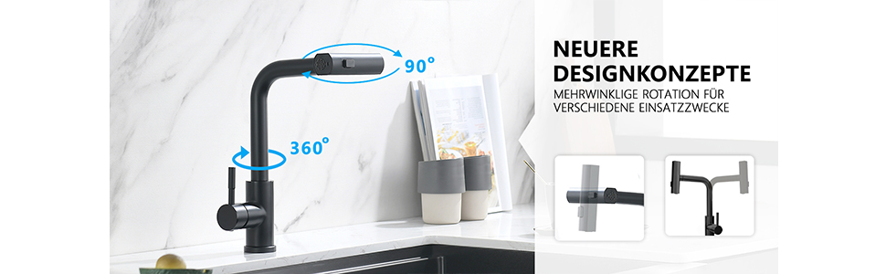 Кухонний змішувач AIMADI висувний, чорний, з 3-сторонньою душовою насадкою, 38 см шланг, однорідний міксер для холодної та гарячої води, для раковини та кухонного острова, водоспад, чорний