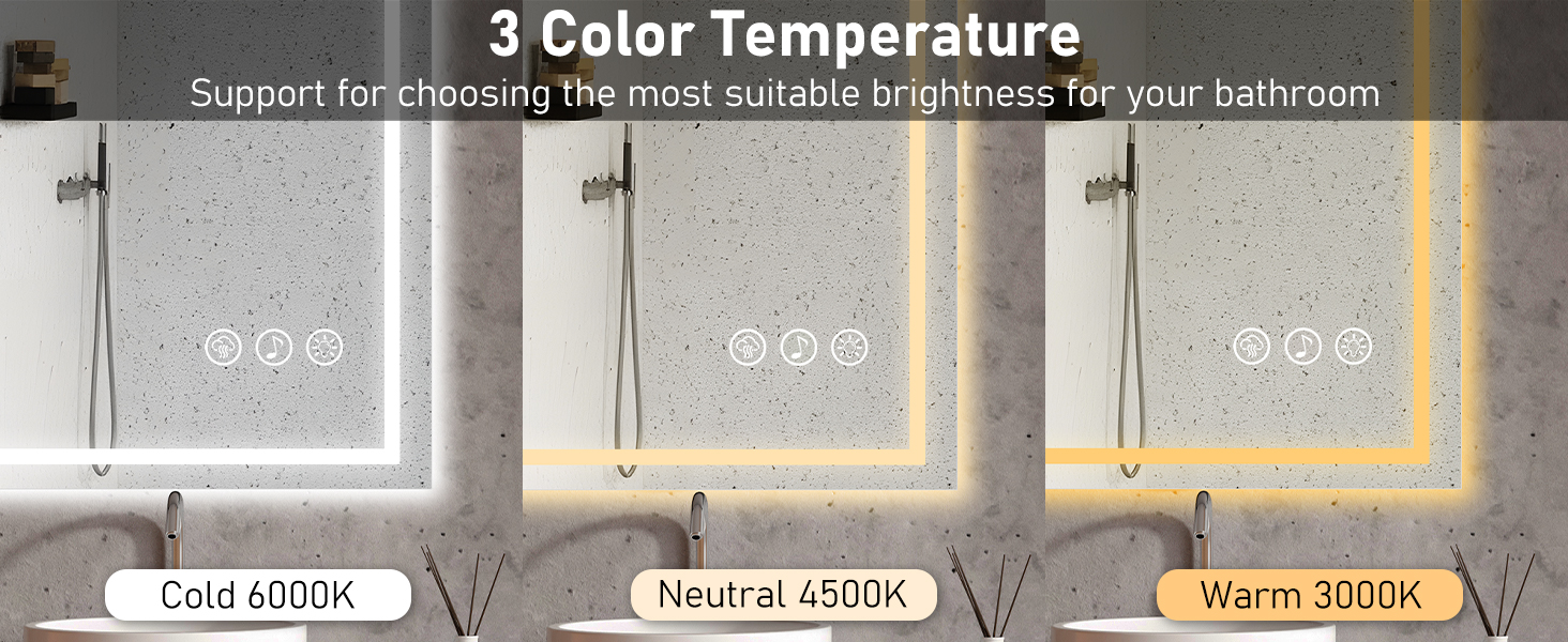 Дзеркало для ванної кімнати 50x70 см з підсвічуванням LED, антизапарююче, димування, 3 кольори світла, Bluetooth