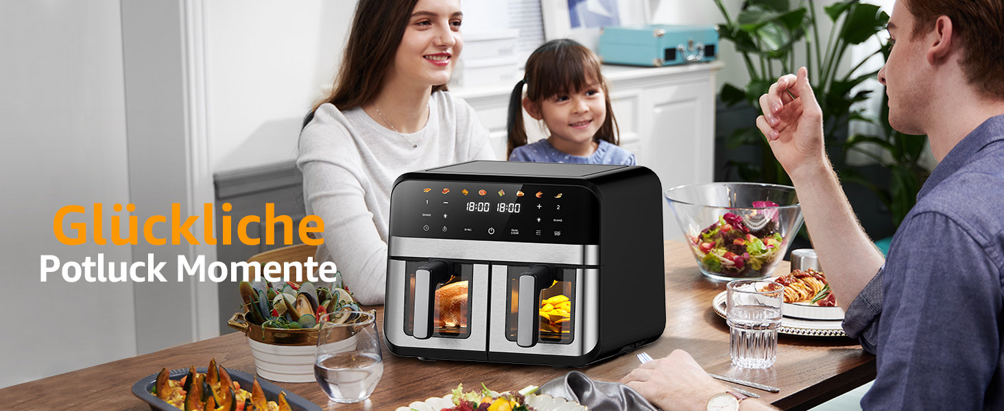 Фритюрниця повітряна Jacgood з 2 кошиками, 1800W, 9L, цифрове керування, 8 меню, з прозорим вікном