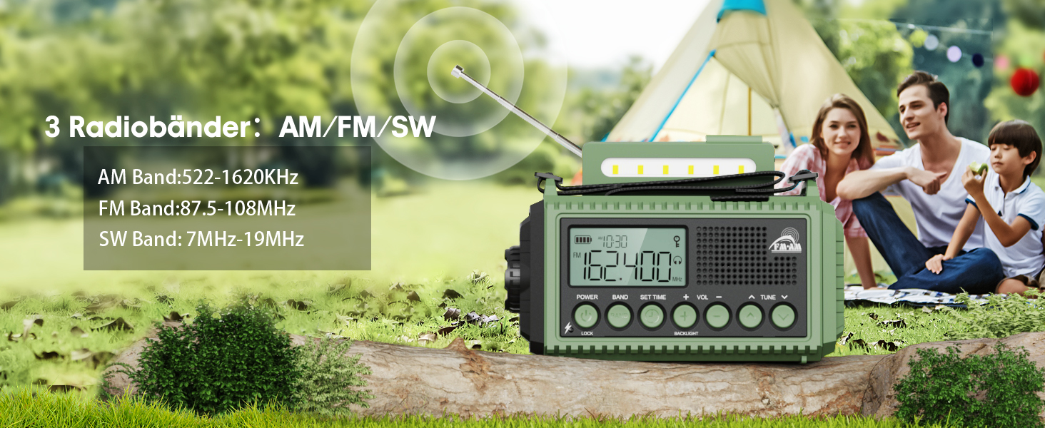 Радіоприймач Kurbelradio на 12000 mAh з ручним заводом, сонячною панеллю та SOS-сигналом. AM/FM/SW радіоприймач з USB-зарядкою, ліхтарик та світло для читання. Ідеально для кемпінгу, надзвичайних ситуацій та відключень електроенергії. Зелений колір.