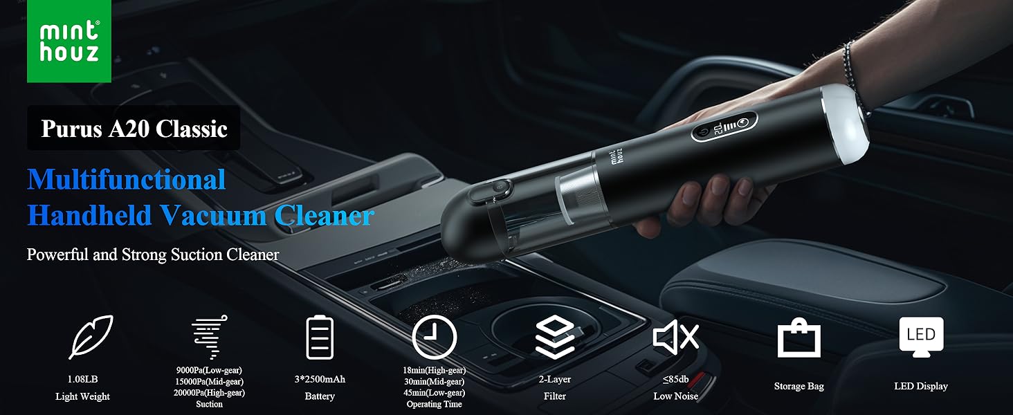 Портативний бездротовий пилосос Minthouz 20 KPa з LED-підсвічуванням, швидка зарядка QC 3.0, для авто, дому та офісу