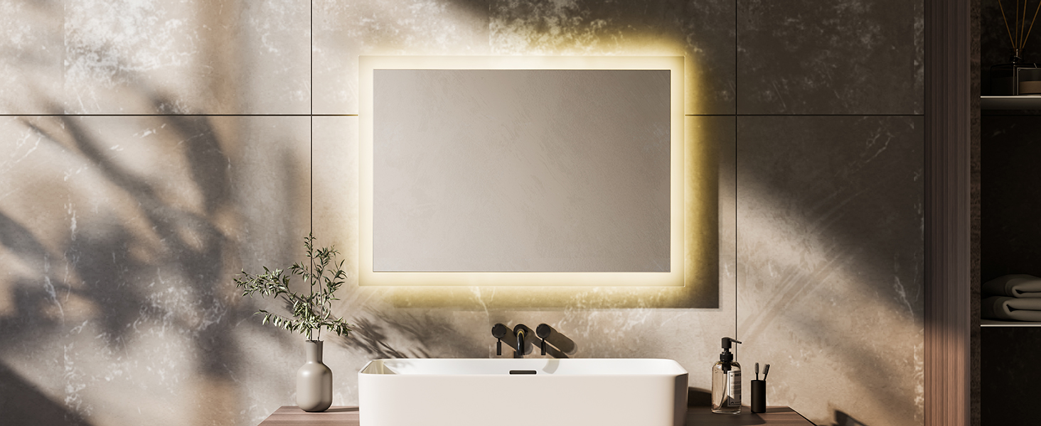 Дзеркало для ванної кімнати EMKE® з підсвічуванням 80x60 см, тепле біле світло 3000K, вимикач, вертикальна/горизонтальна установка, IP44, енергозберігаюче