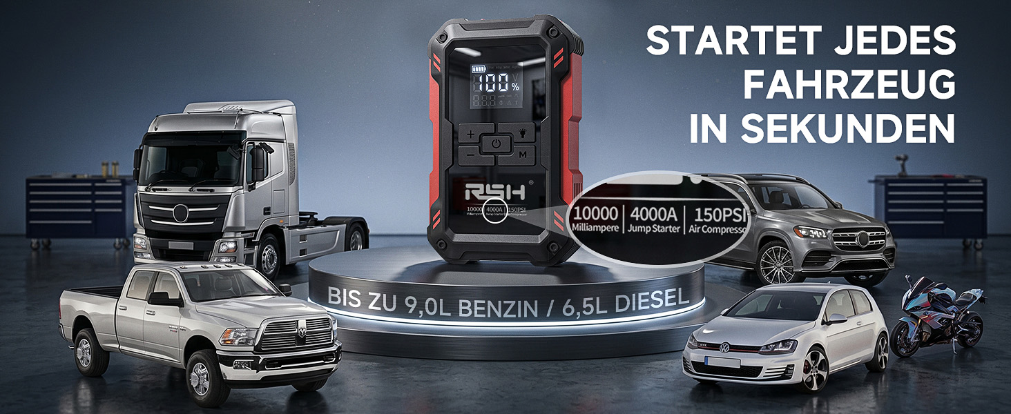 Пауербанк для прикурювання RSH 12V 4000A з компресором 150 PSI, пусковий пристрій для бензину до 9.0л та дизеля до 6.5л, 4-в-1 для автомобіля: прикурювання, помпа, Power Bank 10000 mAh, LED ліхтар, чорний