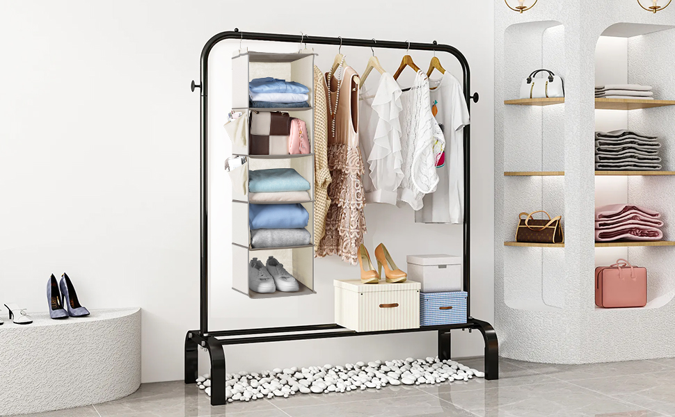 Організатор для шафи Cozary з 5 відділеннями, складаний, з металевими гачками (Бежевий)