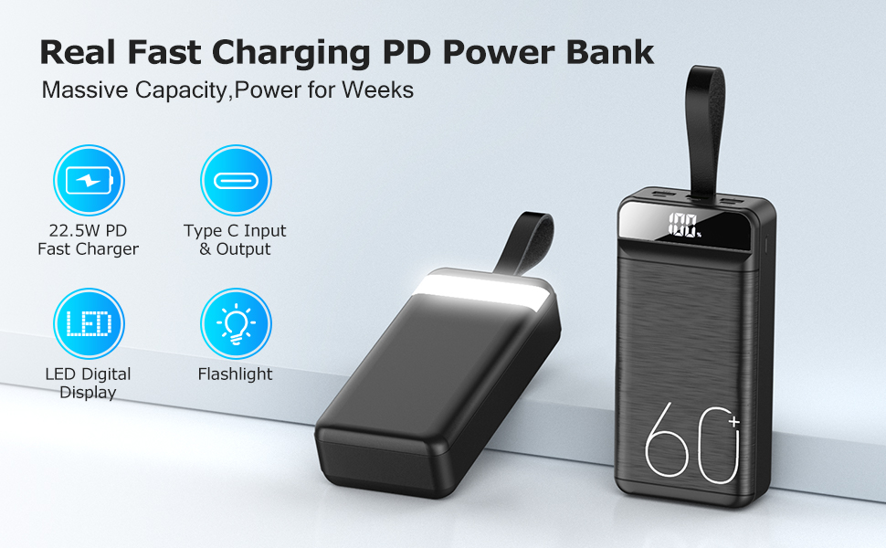 Power Bank 60000mAh 22,5W з LED-дисплеєм: Швидка зарядка USB-C, 4 виходи, 3 входи для більшості пристроїв