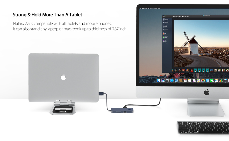 Алюмінієва подвійна складана підставка Nulaxy для iPad, планшетів та iPhone, регульований настільний тримач для Kindle, Pro/Air/Mini, чорний (B-Sрібло)