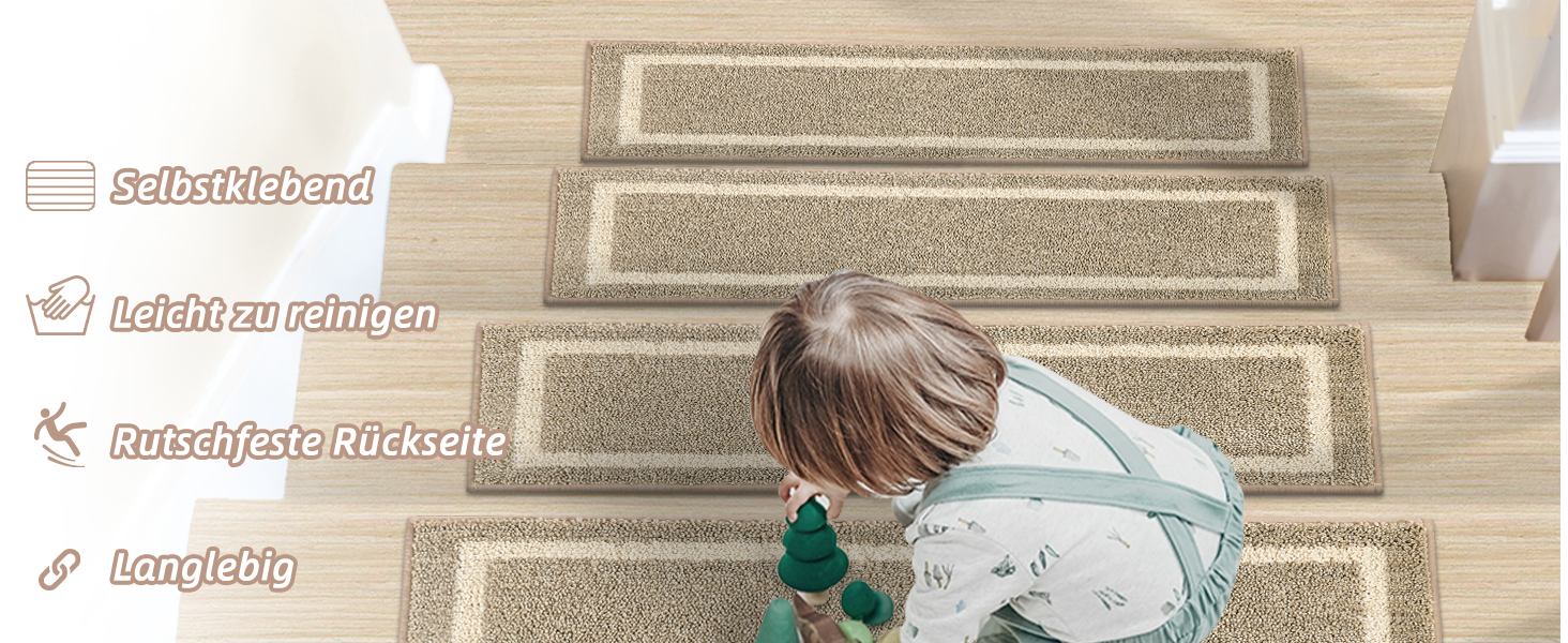 Ковзаючі килимки на сходи Cosy Homeer, 70x22 см, 15 шт., самоклеючі, антиковзаючі, машинне прання, 100% поліестер, TPE-підкладка, бежевий (4 шт.)