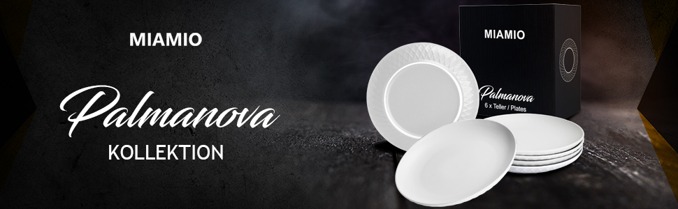 MIAMIO Набір посуду з 24 предметів з кераміки (тарілки) для 6 осіб, Palmanova Kollection. Підходить для миття в посудомийній машині та використання в мікрохвильовці.