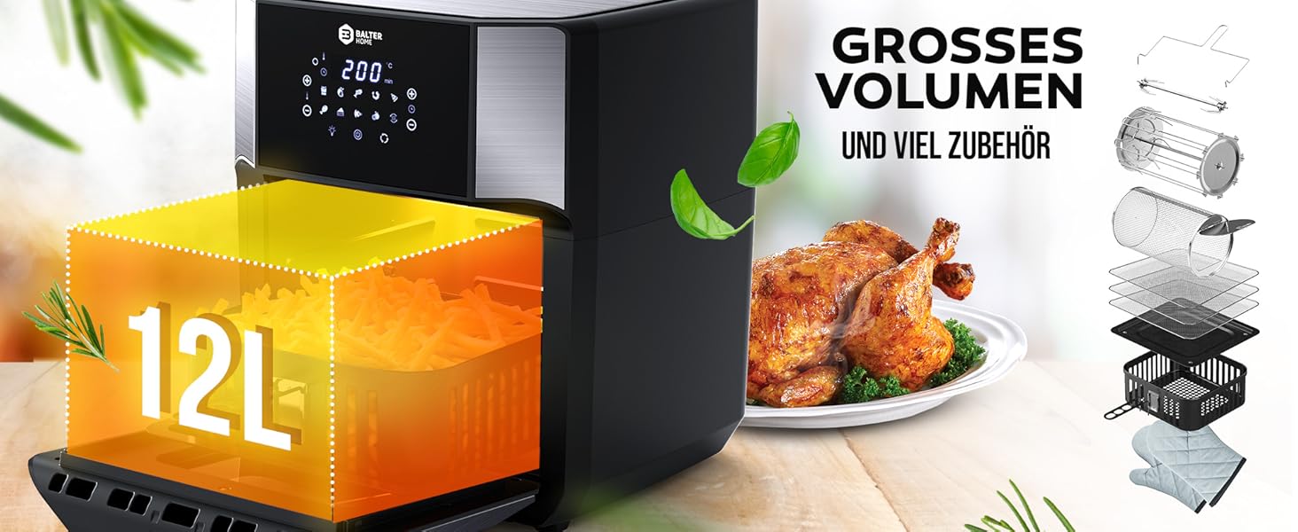 Мультипечі Airfryer Balter HL-1200 XXL: аерофритюрниця, міні-духовка та дегідратор 12л, 10 програм, чорна