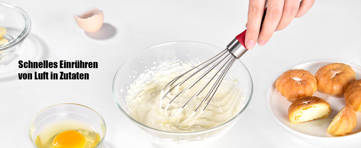 Міксер ручний Doosu 28 см з нержавіючої сталі, 8 гнучких дротів для збивання, перемішування та приготування їжі (червоний)