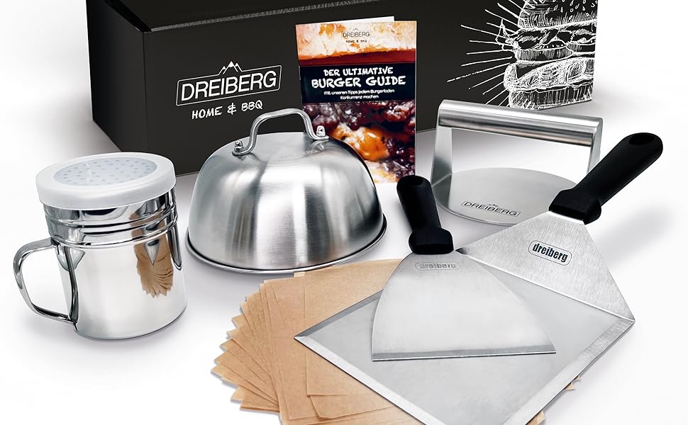 Набір для приготування бургерів DREIBERG® з нержавіючої сталі (7 предметів) для плоскій гриля, газового гриля, тепаньякі. Включає шпатель, папір для бургерів, кришку для плавлення, прес, дозатор спецій та книгу рецептів
