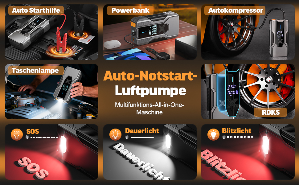 Powerbank для автомобіля 8000A Starthilfe, пусковий пристрій з компресором 150PSI, 26800mAh для бензинових та дизельних двигунів (до 12.0L), зарядний пристрій для акумулятора