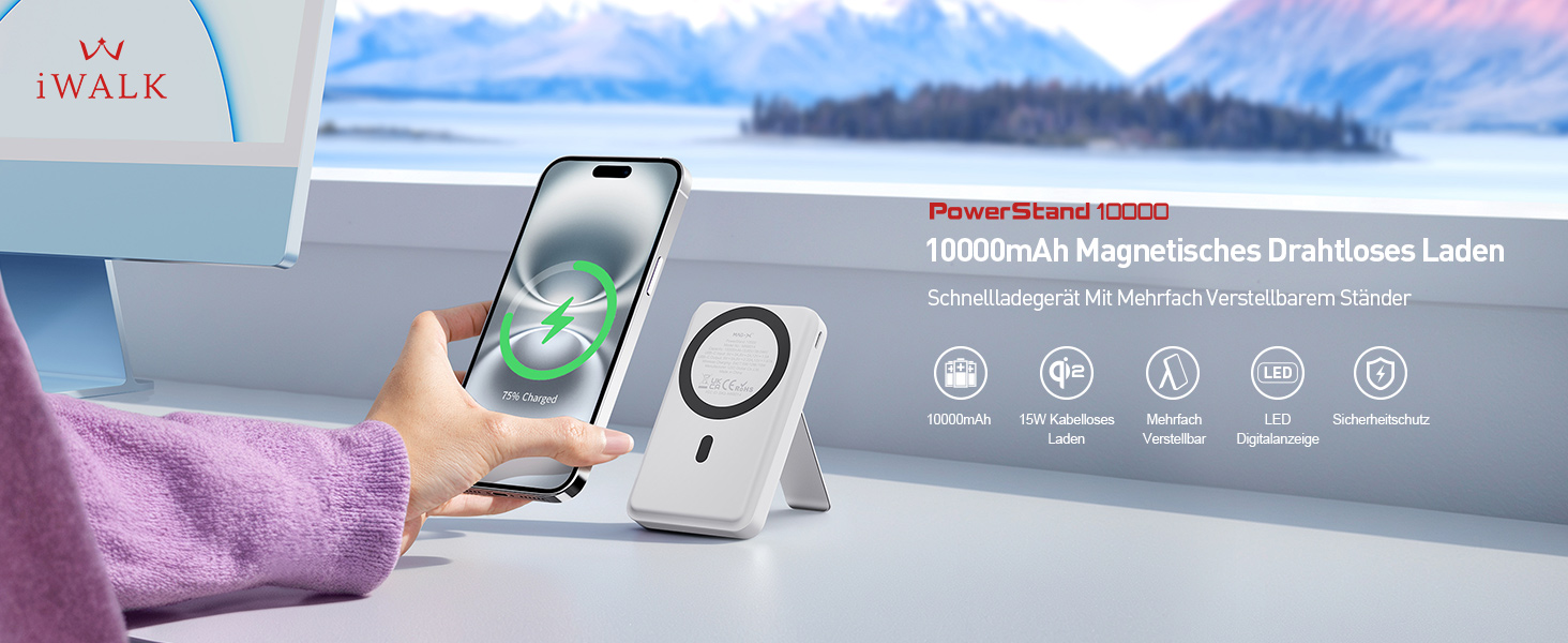 Магнітний бездротовий павербанк iWALK Magnetic 15W 10000mAh, Qi2-сертифікований зовнішній акумулятор зі стійкою та LED-дисплеєм для iPhone 16/15/14/13/12 Pro Max/Plus/Mini, білий