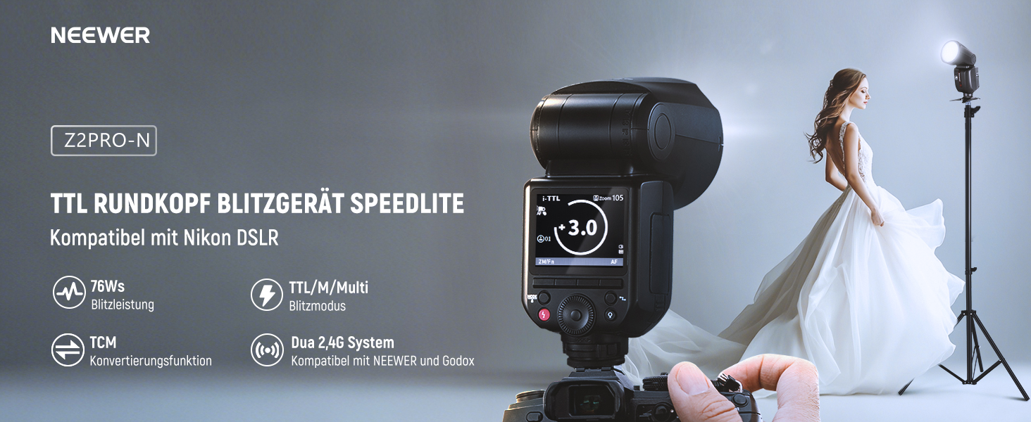 NEEWER Z2-N Flash - Світловий спалах Speedlite для Nikon, 76W, TTL/M, HSS 1/8000s, 2600mAh