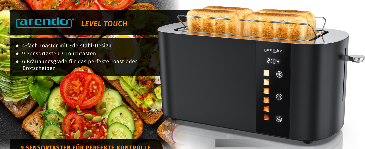 Тостер Arendo з нержавіючої сталі, 4-х секційний, з широкими слотами, сенсорний дисплей, подвійні стінки, 1500 Вт, з підставою для булочок, 6 рівнів підсмажування, центрування хліба, таймер, пам'ять (колір: чорний)