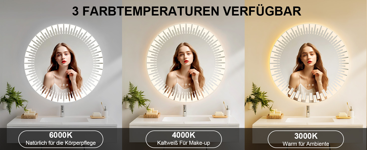 Круглий дзеркало для ванної кімнати YOLEO з підсвічуванням, 60 см, сенсорне керування, захисне скло, 3 кольори світла, регулювання яскравості, 80x80 см