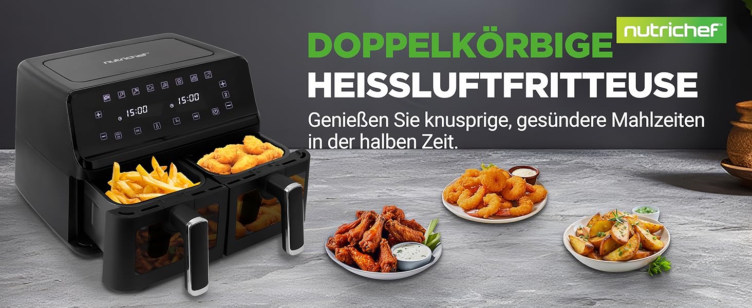 Фритюрниця NutriChef з гарячим повітрям, XXL 8л, подвійна камера, вікно, max 360°C, 9 програм, антипригарне покриття, придатна для миття в посудомийній машині, приготування без жиру, фритюрниця, гриль, духовка, 1700W, 8л, чорний