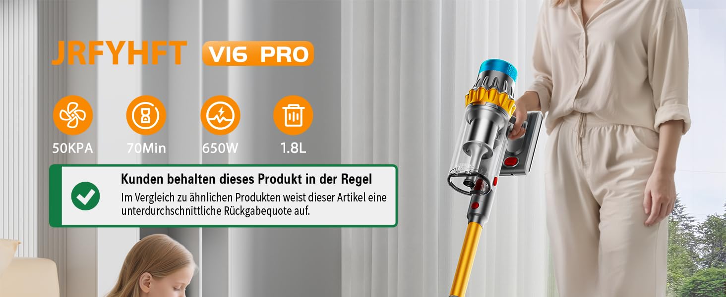 Акумуляторний бездротовий пилосос 650W 50kPa з OLED-дисплеєм, контейнером 1.8л для килимів та твердих підлог, світло-золотий