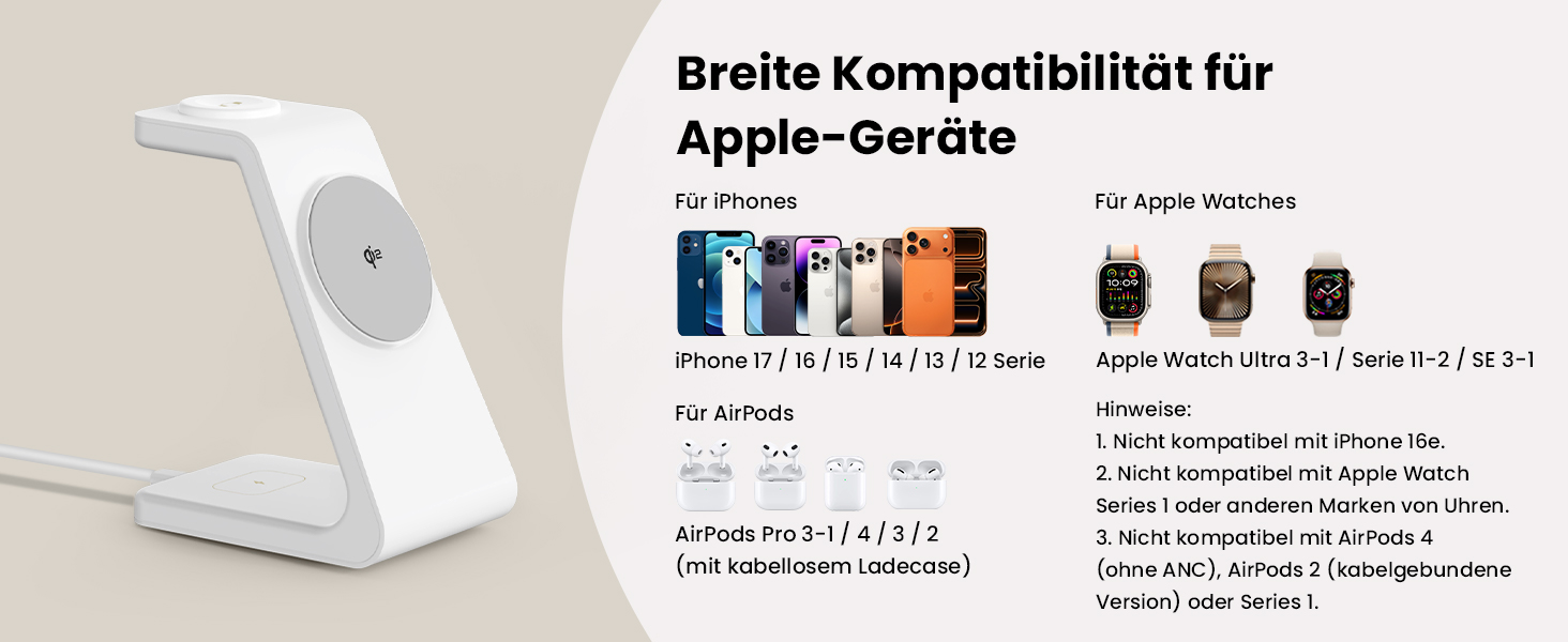 GEEKERA 3-в-1 зарядний пристрій Qi2 з MagSafe, 15W індукційна станція для iPhone 17/16/15/14/13/12, Apple Watch 11-2 та AirPods, білий/сірий