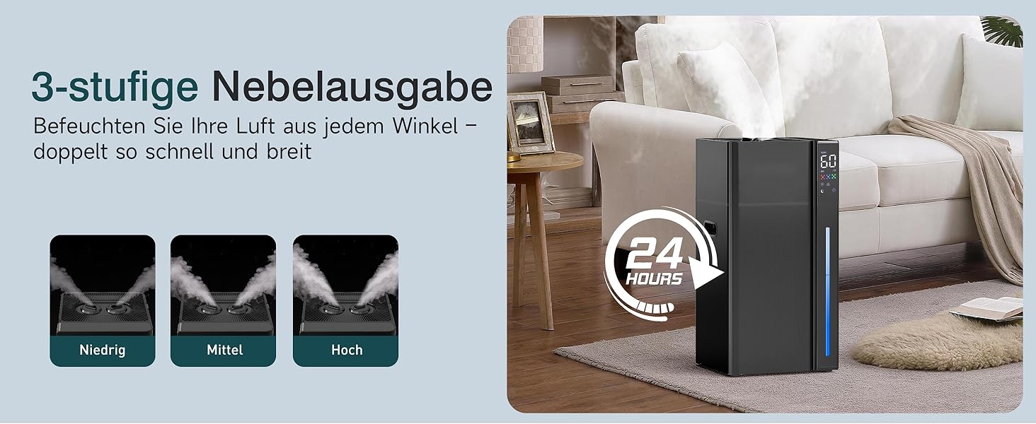 Зволожувач повітря для великих приміщень 20L, теплий та холодний туман, зволожувач до 280м², 360° ультразвуковий зволожувач, для спальні/вітальні/офісу/рослин/комерційного використання, чорний
