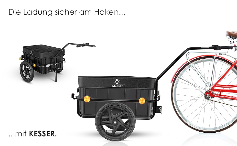 Причіп для велосипеда KESSER®: вантажний, ручний, з кутом нахилу, об'ємом 70 літрів (2 ящики для пива) + аксесуари, чорний