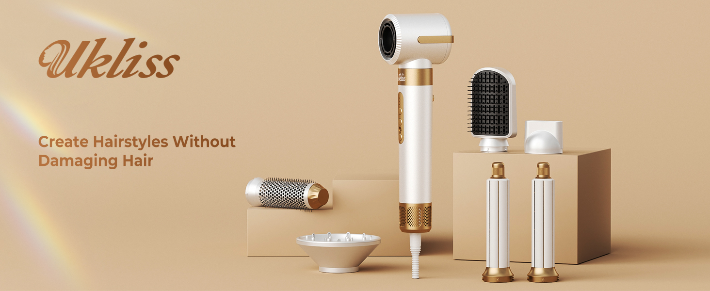 UKLISS Airstyler Pro 7-в-1: Фен, стайлер, завикучувач. Професійний набір для волосся з автоматичною завивкою, брашінгом та випрямленням. Зменшення пухнастості, без екстремального нагріву. Білий, золотий