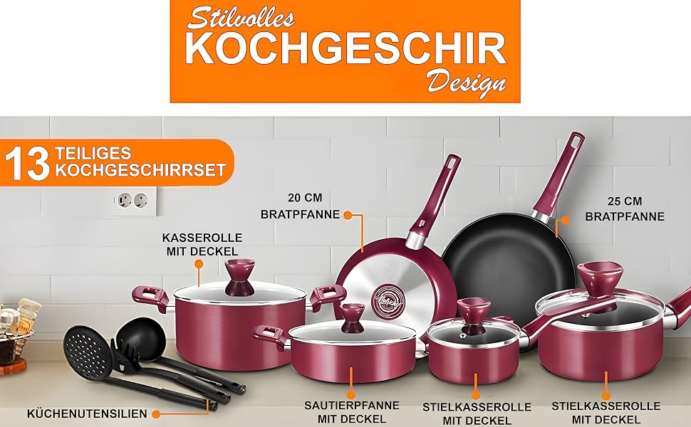 Набір посуду NutriChef 13 предметів: антипригарні каструлі та сковорідки з прозорими кришками, червоні, для газових, електричних та керамічних плит