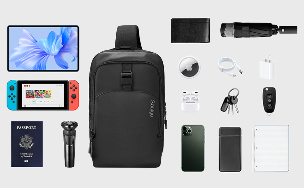 Чоловіча та жіноча сумка через плече Soulgo EDC, компактна, водонепроникна, для планшету 11 дюймів (iPad), чорна