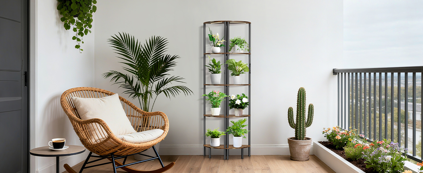 Стійка лампа OUTONLIFE з полицями, LED, 3 режими, регулювання яскравості, пульт, 5 ярусів, для вітальні, спальні, офісу, колір: Rustic Brown