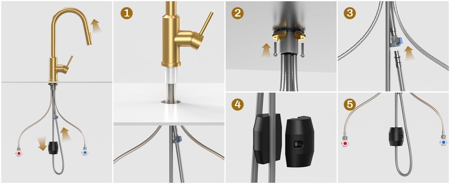 Змішувач кухонний з висувною лійкою та душовою насадкою, поворотний на 360°, 2 режими, нержавіюча сталь (золотий)