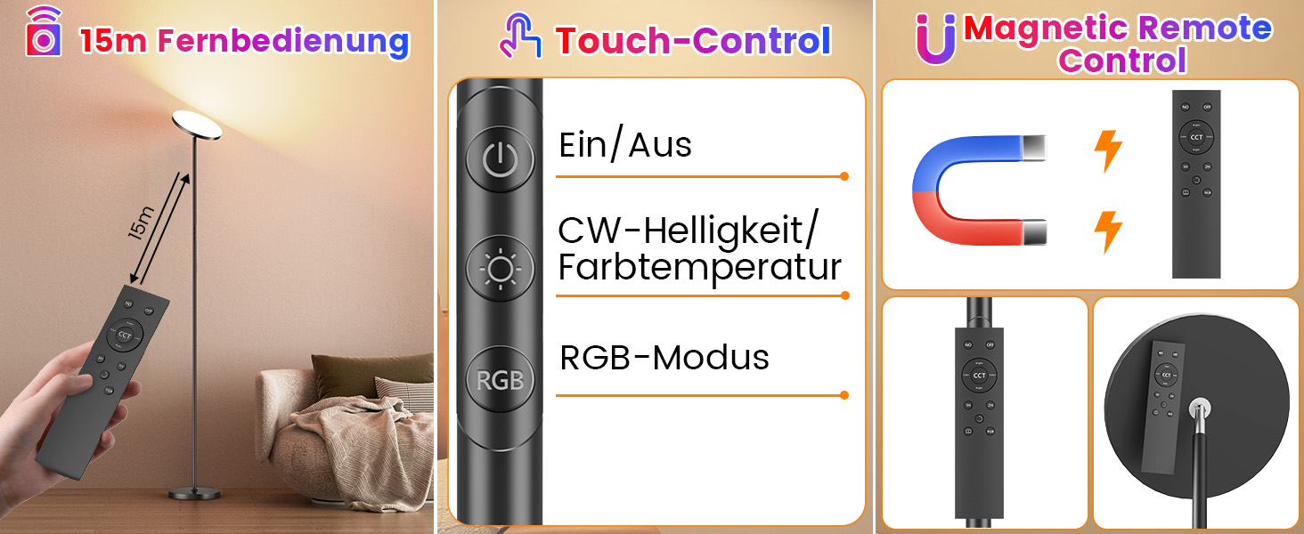 LED-підлогова лампа для вітальні з регулюванням яскравості та RGB-підсвічуванням, 42W, 4200LM, з читацькою лампою та пультом дистанційного керування