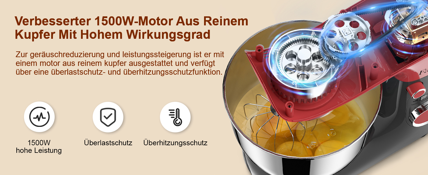 Кухонна машина-міксер Facelle 1500W з 5.5L та 4.5L чашами, 10+ програм, тиха робота, з набором насадок (червоно-сіра)
